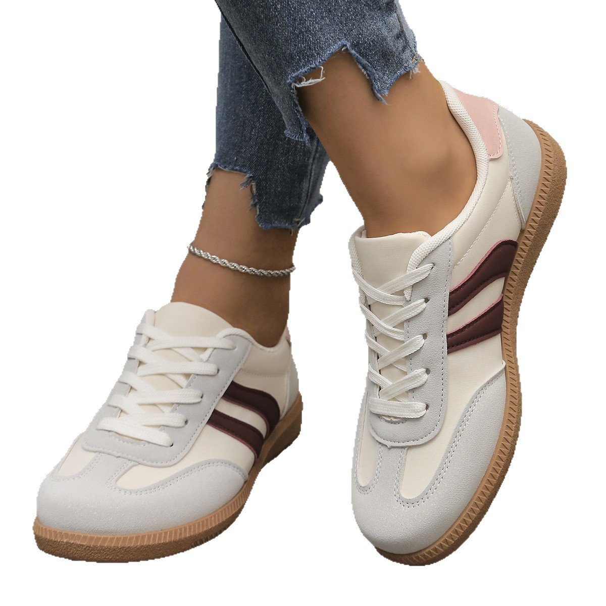 Color-blocked Retro Skate Shoes German-style White Sneakers For Women - Image 6