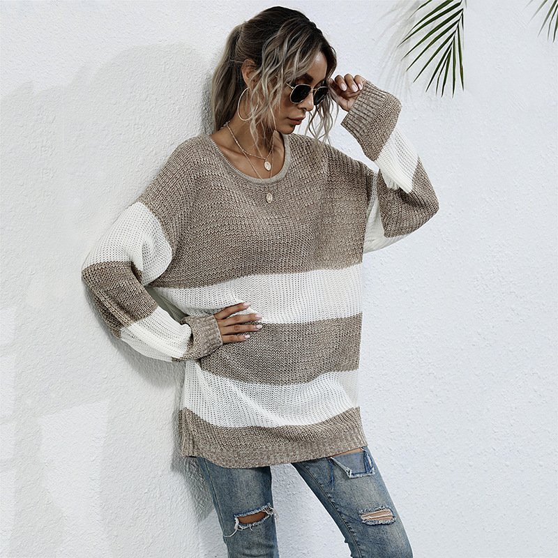 Striped Color Matching Knitted Inner Match Female Mid-length Sweater - Image 7