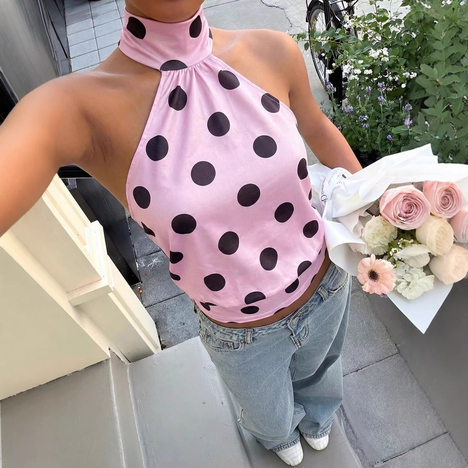 Polka-dot Printed Halterneck Vest For Women