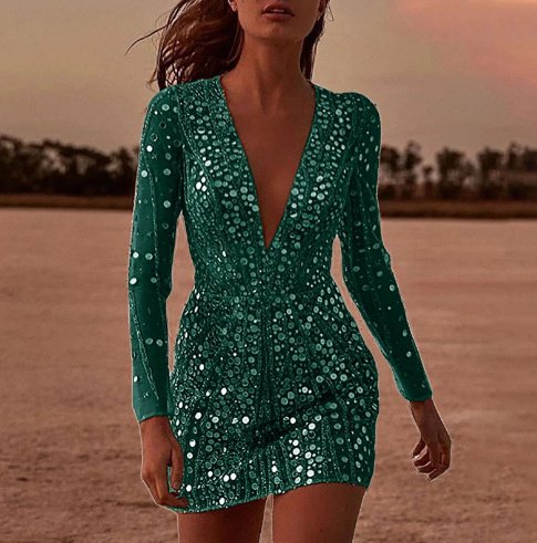 Deep V long sleeve sequin dress - Image 5