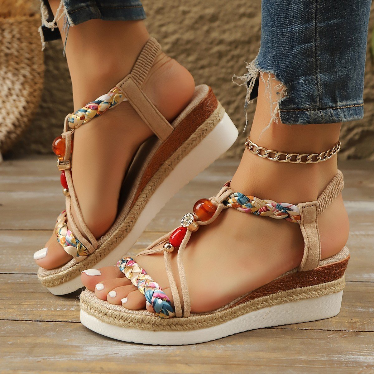 Rhinestone Beaded Wedge Fashion High Heels Platform Women - Image 6
