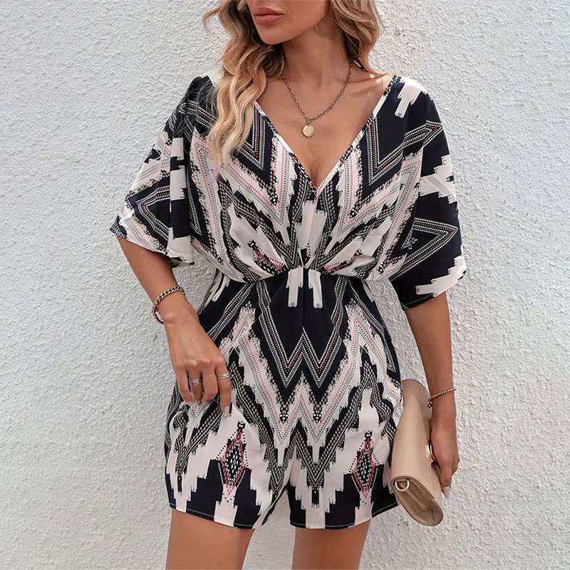 Women's Printed V-neck One-piece Sleeve Loose Jumpsuit - Image 3