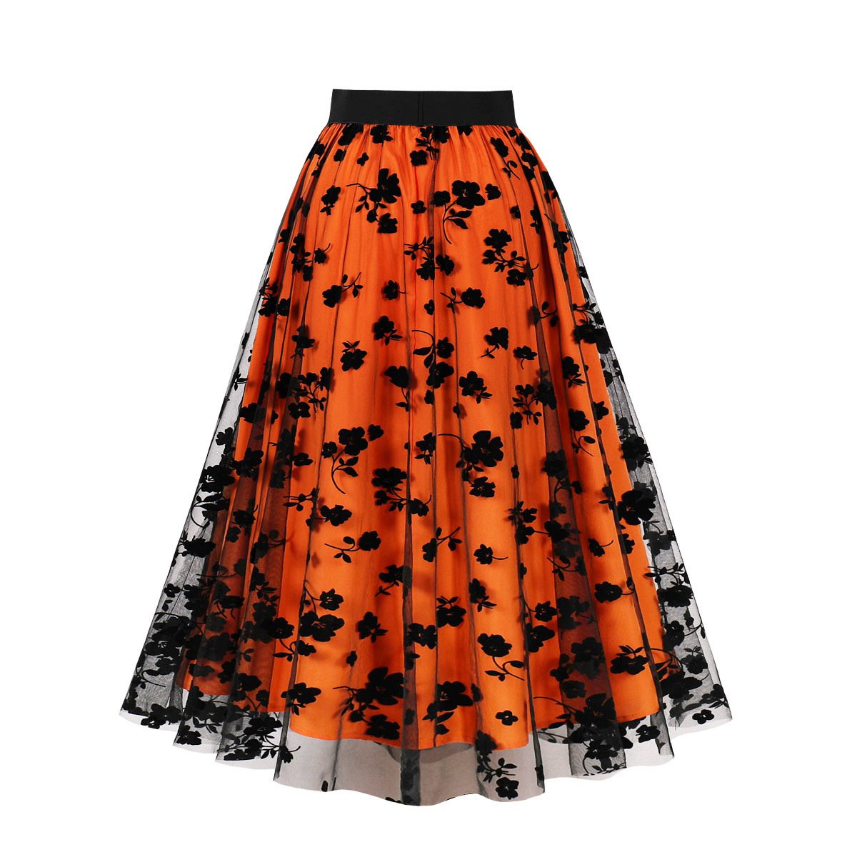 Mesh Double Layer Flock Printing Big Hem Skirt - Image 2