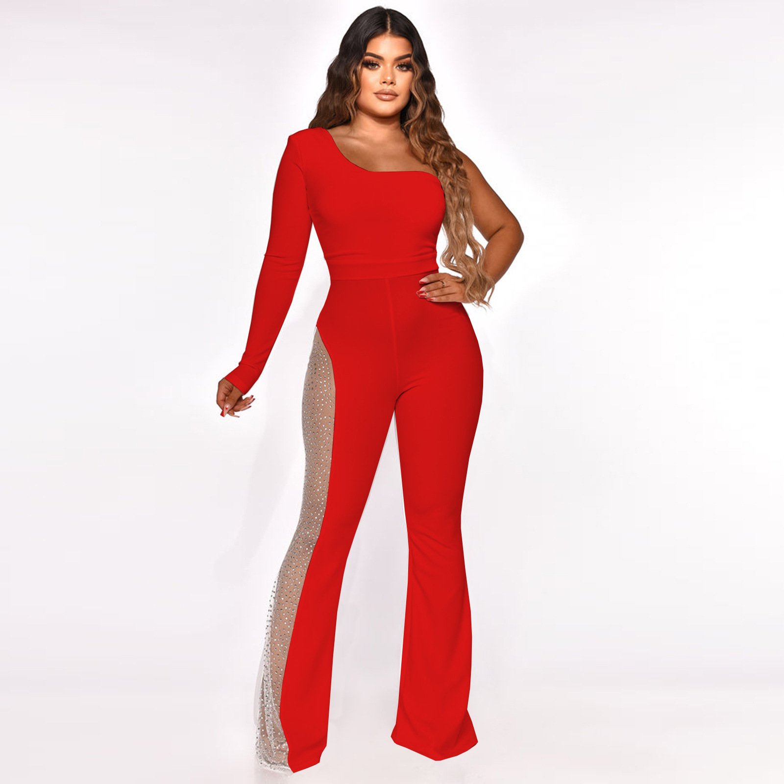 Fashion Mesh Patchwork Hot Drilling Micro-pull Jumpsuit - Image 2