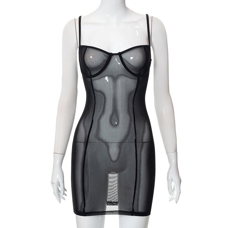 Spaghetti Straps Chest Wrap Mesh Sexy Nightclub Hot Girl Dress Female - Image 10