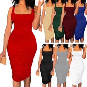 Sexy Mesh Pleated Open Back Strap Mid Dress Girl