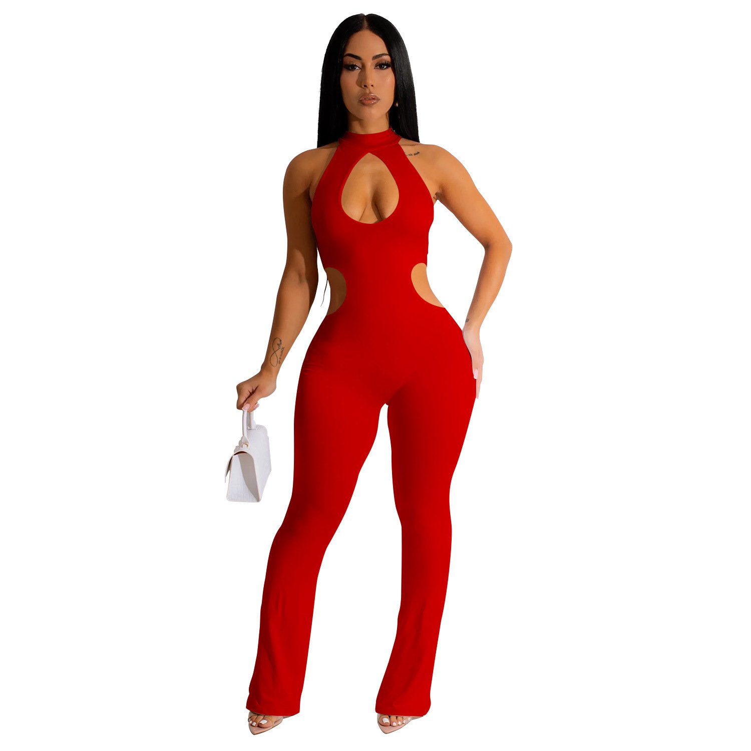 Women's Solid Color Sexy Halter Hollow-out Jumpsuit - Image 2
