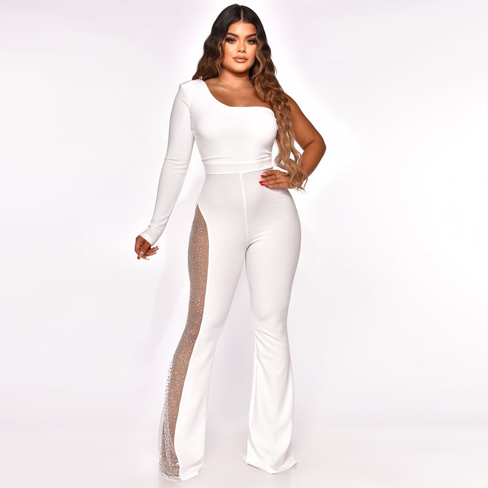 Fashion Mesh Patchwork Hot Drilling Micro-pull Jumpsuit - Image 3
