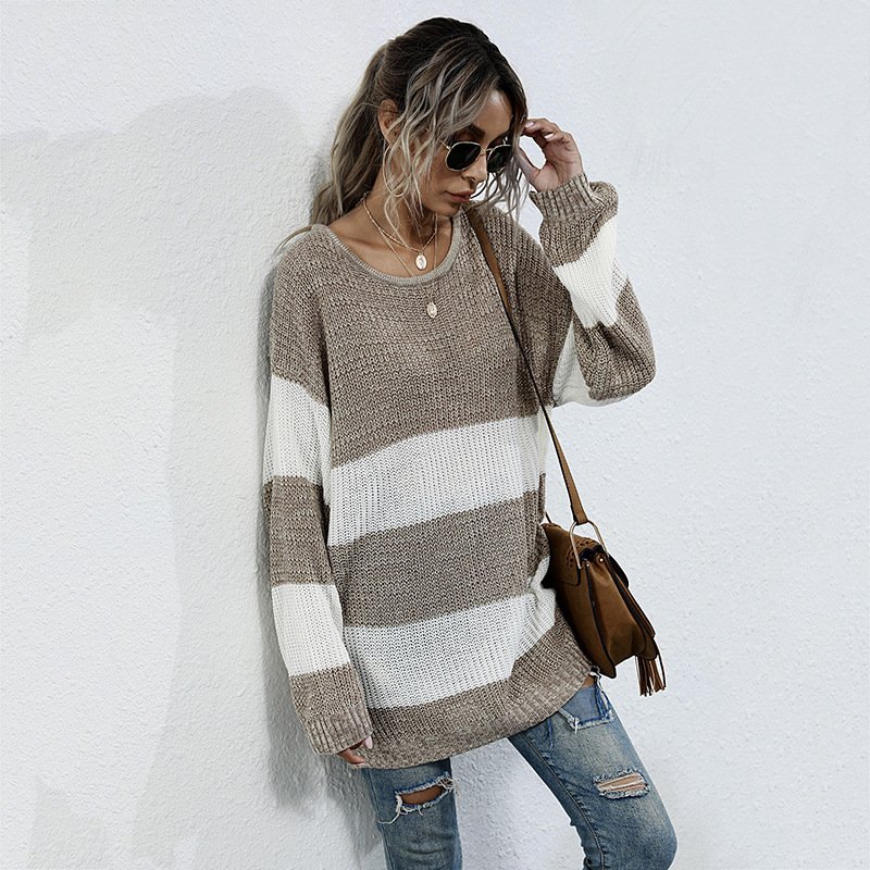 Striped Color Matching Knitted Inner Match Female Mid-length Sweater - Image 3