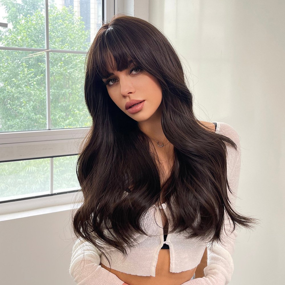 Long Brown Wigs With Bangs Wave Synthetic For Women - Image 7