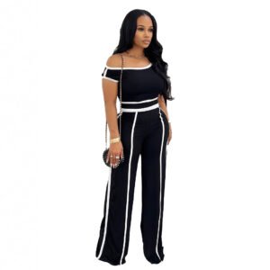 Off-Shoulder Color-Block Paneling High-Waist Pants Set For Women