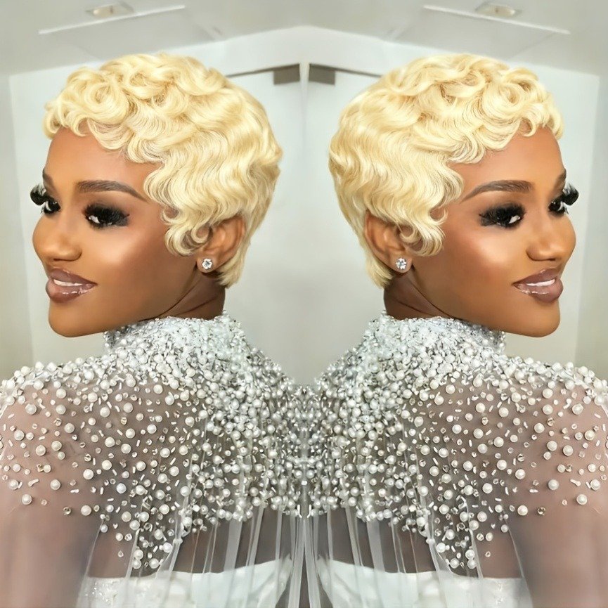 Blonde Curly Pixie Cut With Wave Human Hair