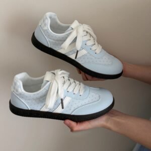 Women Pastel Baby Blue Polka Dot Retro Sneakers, Two White Stripe Plaid Heel Patch Soft Leather Lace Up Lightweight Casual Daily Walking Athletic Trainers