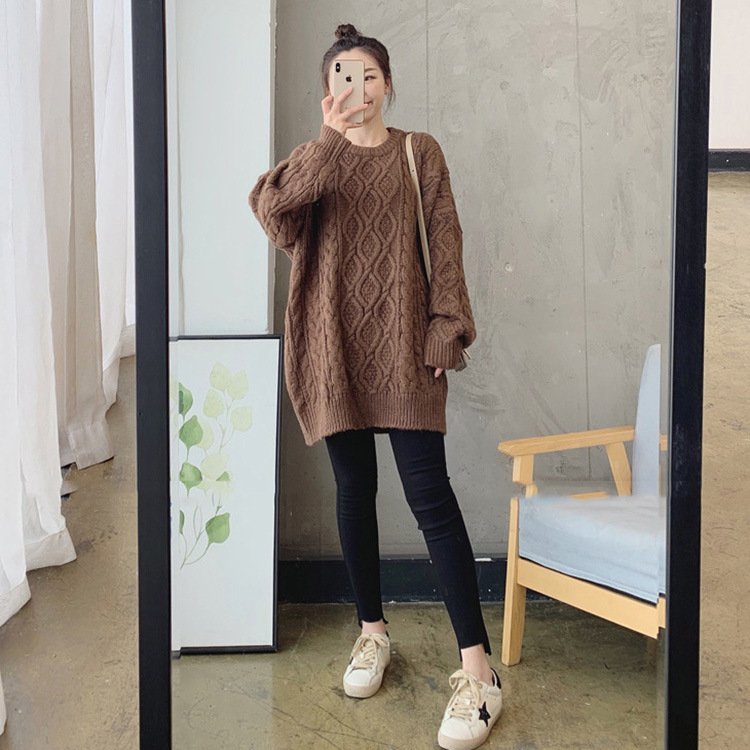 Girls' Mid-length Thickened Sweater Korean Style Lazy Style Loose Pullover Solid Color Crew Neck Coat - Image 6