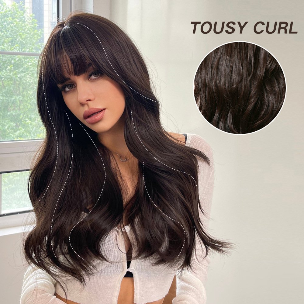 Long Brown Wigs With Bangs Wave Synthetic For Women - Image 5