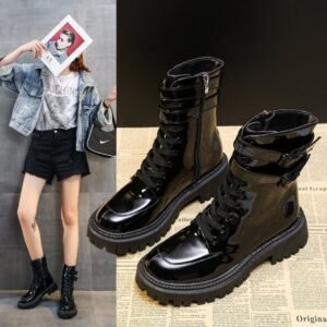 Women's Patent Leather Mid-tube Boots With Increased Heels