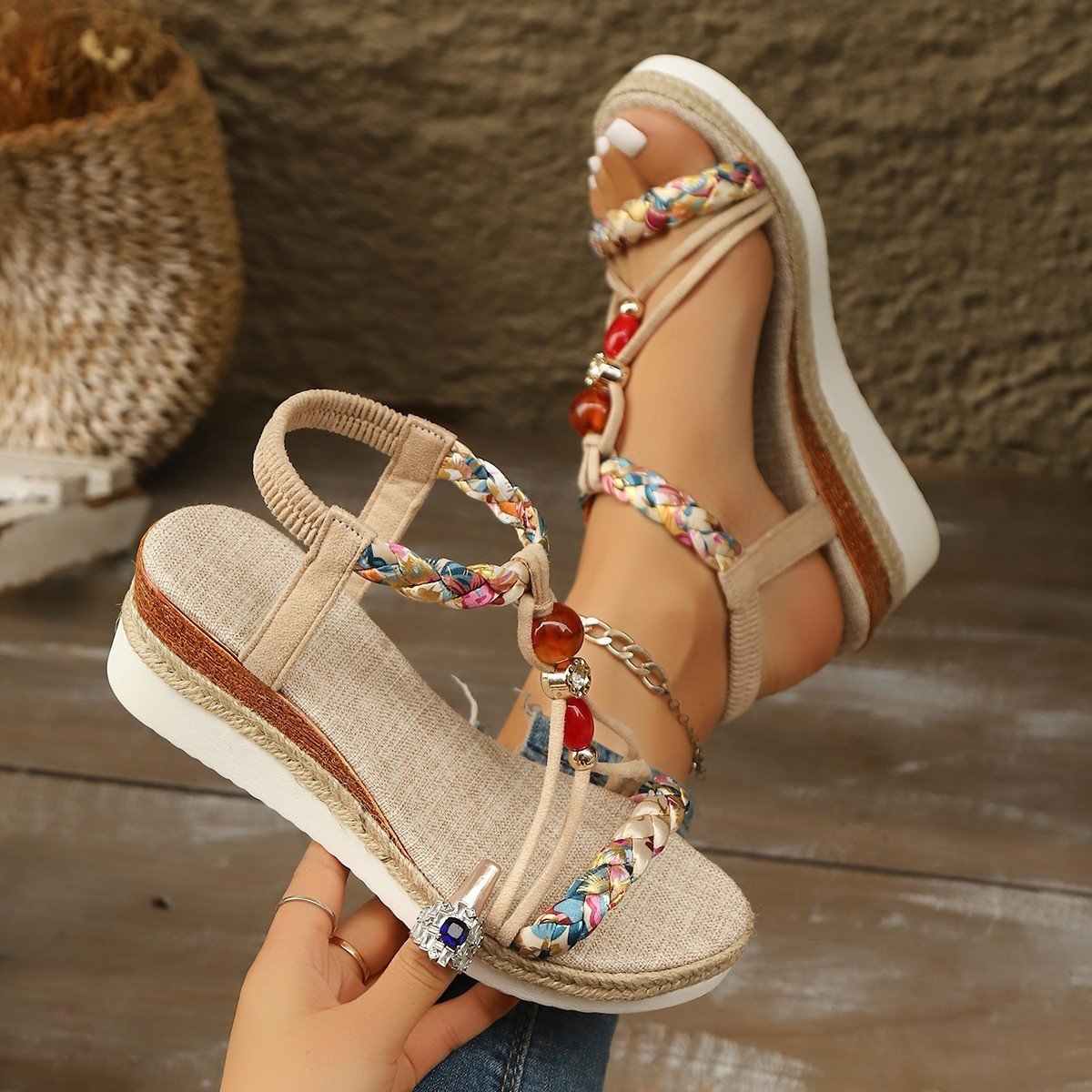 Rhinestone Beaded Wedge Fashion High Heels Platform Women - Image 3