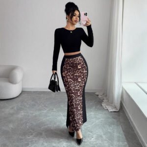 Womens Leopard-Print Patchwork High-Waist Bodycon Split Skirt