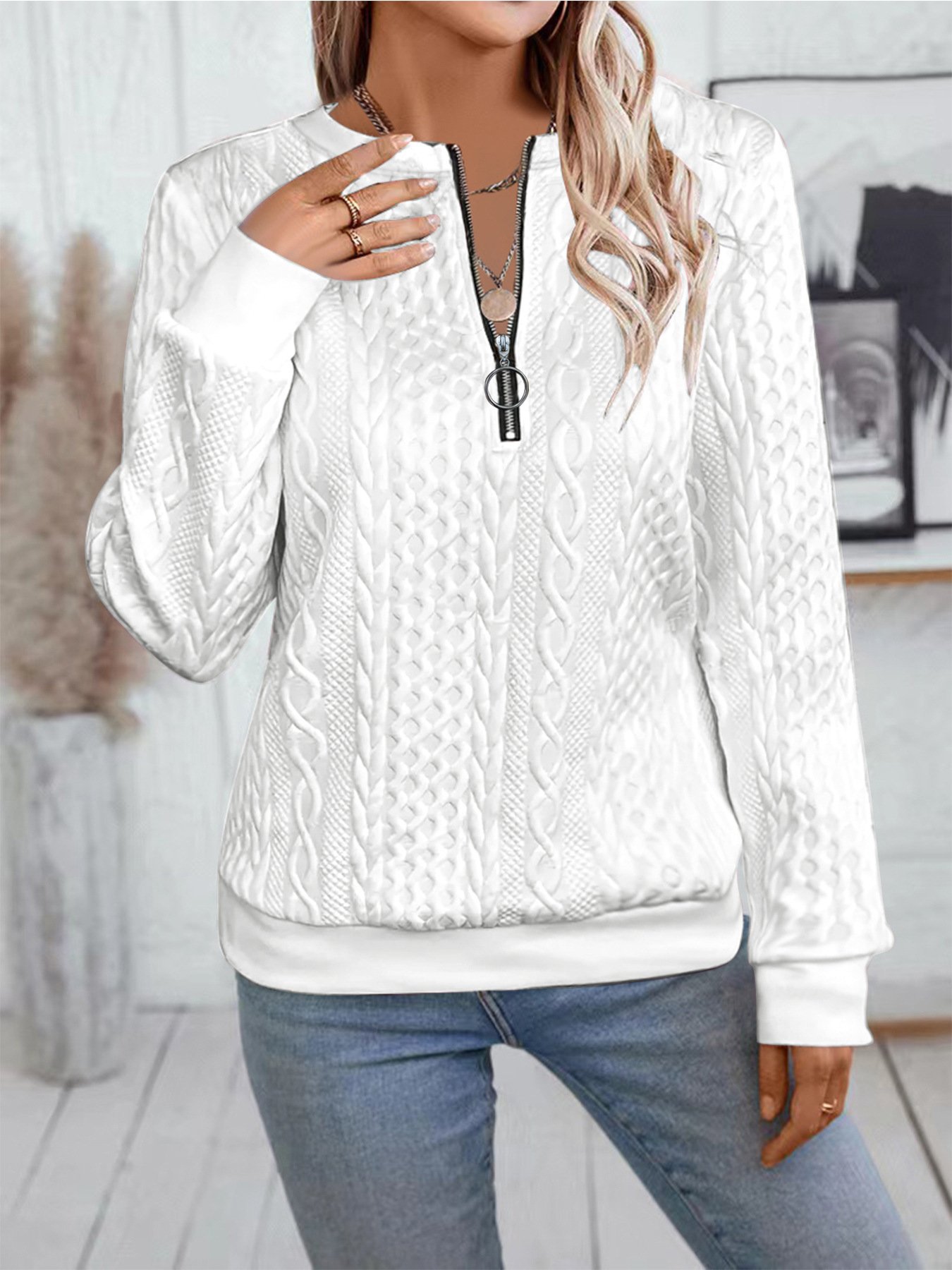 Casual Neckline Long-sleeve Zipper Sweaters Women's Clothing - Image 7