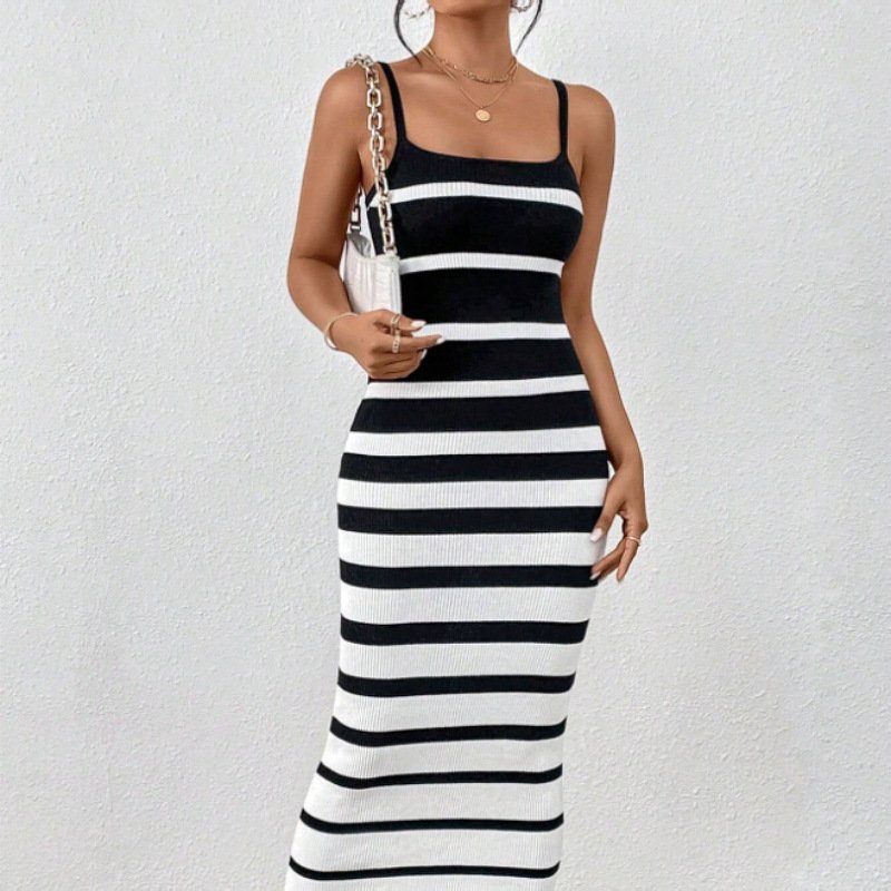 Women's Sexy Hot Girl Striped Spaghetti Straps Hip Dress - Image 4