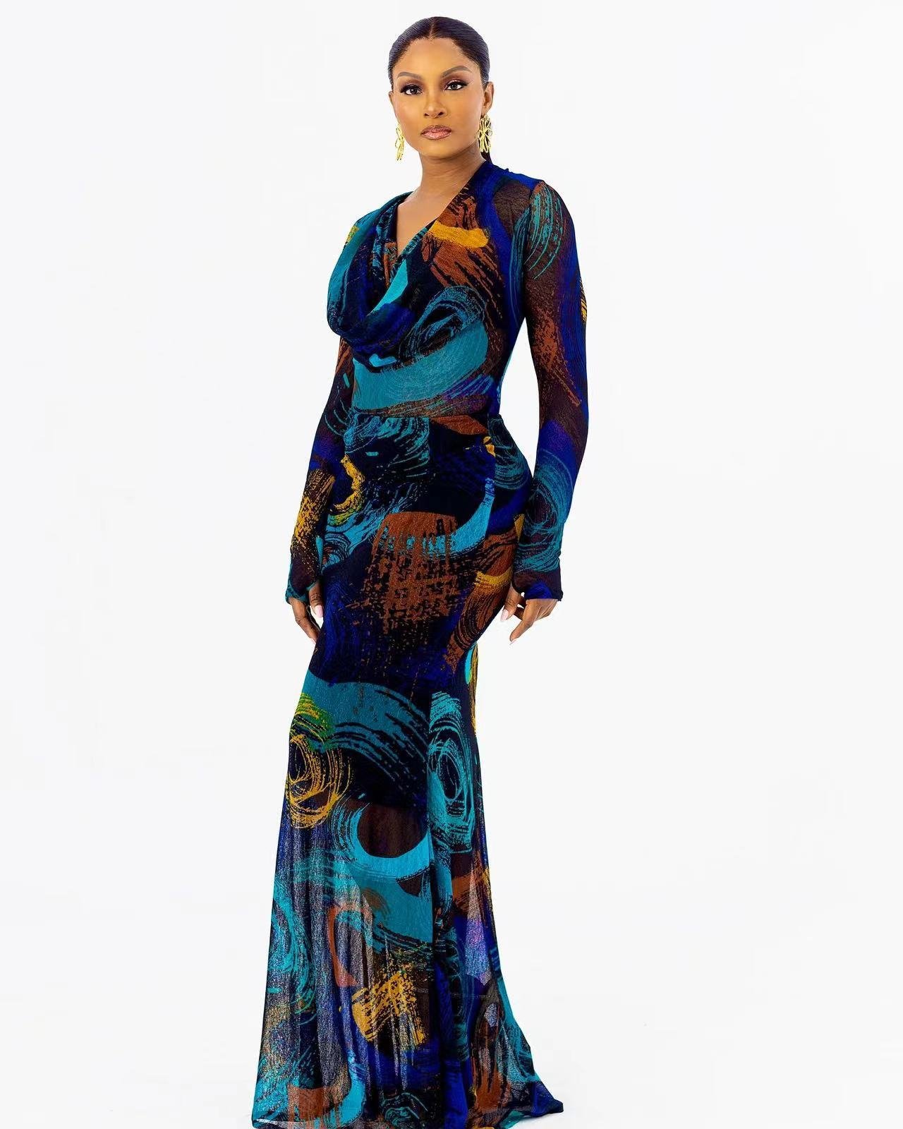 Printed Long Sleeve Narrow Slim Fit Dress - Image 3