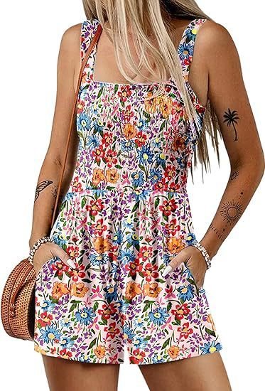 Flower Print Shorts Jumpsuit Summer Fashion Sleeveless Beach Bodysuit - Image 5
