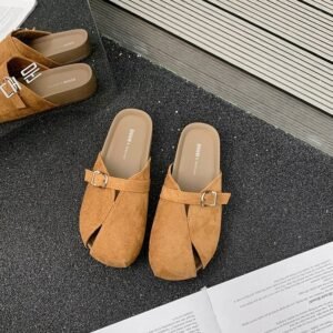 Women Textured Retro Round Toe Closed Toe Mules, Summer Slip On Flat Mule Shoes, Versatile Outdoor Wear Women Slide Sandals
