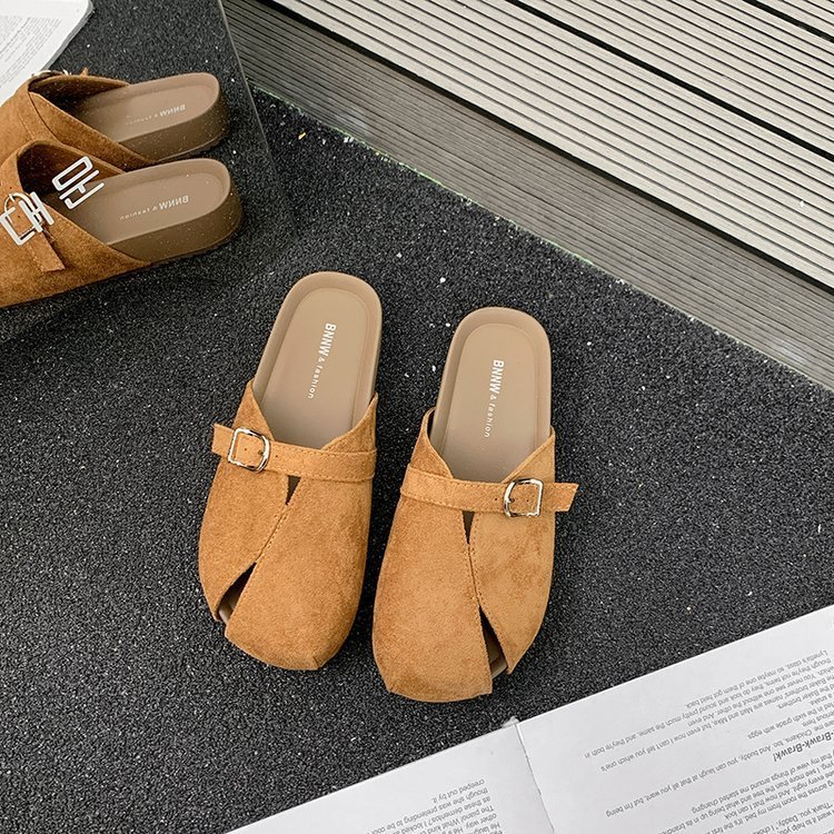 Women Textured Retro Round Toe Closed Toe Mules, Summer Slip On Flat Mule Shoes, Versatile Outdoor Wear Women Slide Sandals