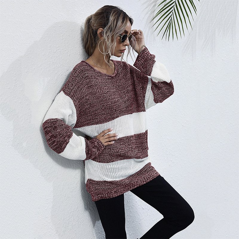 Striped Color Matching Knitted Inner Match Female Mid-length Sweater - Image 6