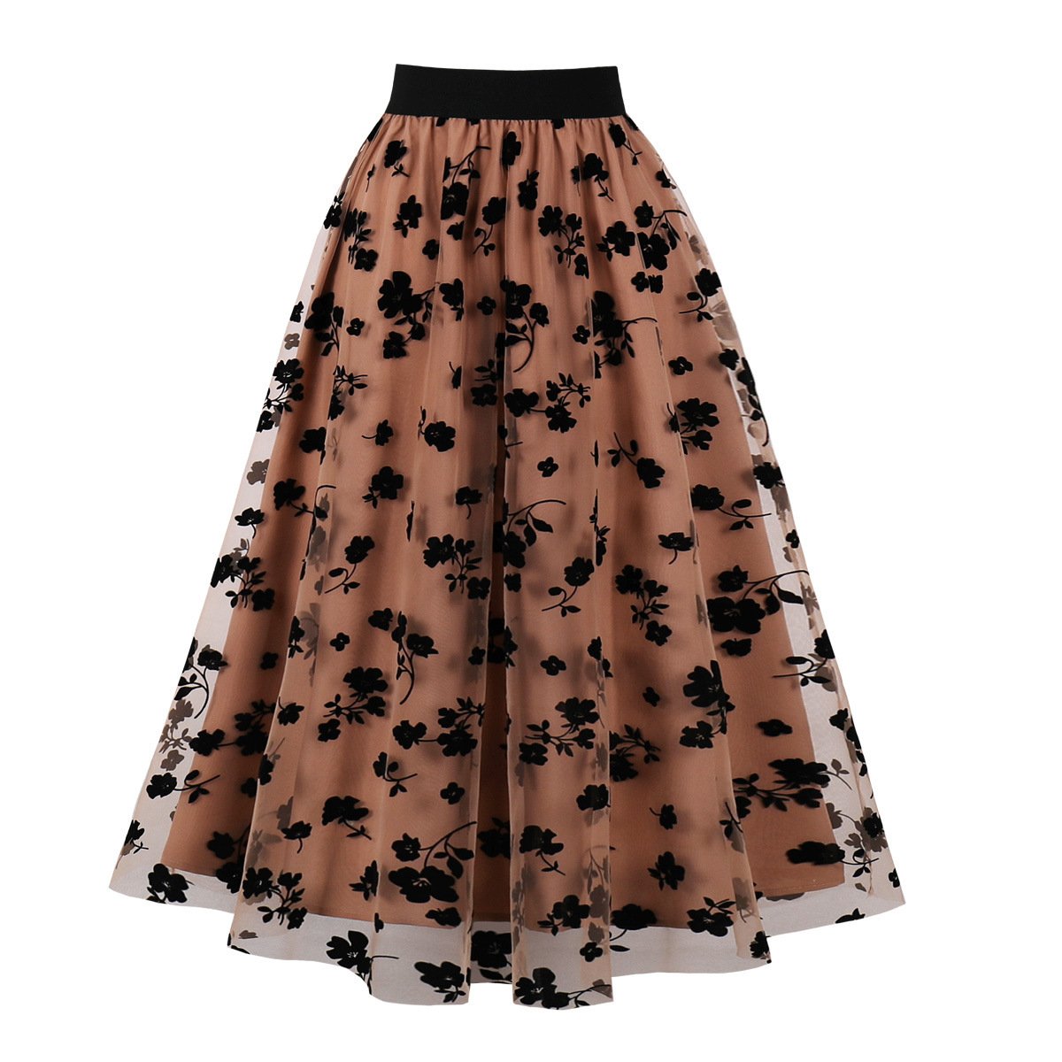 Mesh Double Layer Flock Printing Big Hem Skirt - Image 3
