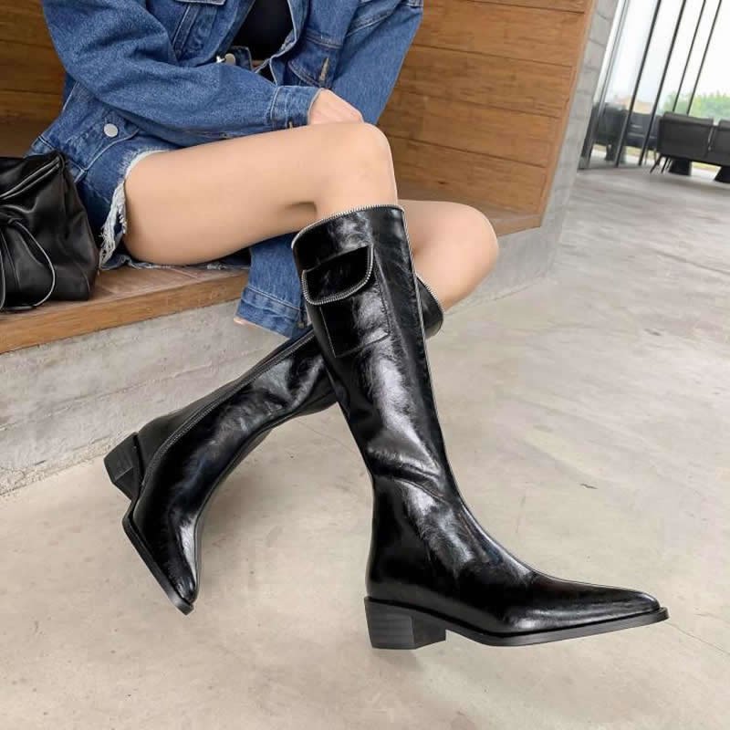 Pointed Retro Mid-heel Mid-tube Thick-heeled Net Red Boots Tide - Image 5