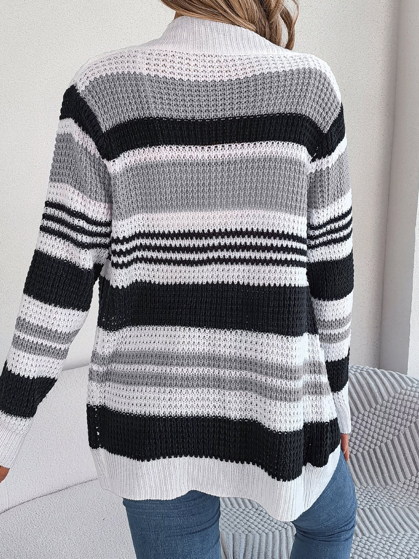 Women Casual Color Block Stripe Pocket Long Sleeve Cardigan Sweater - Image 10