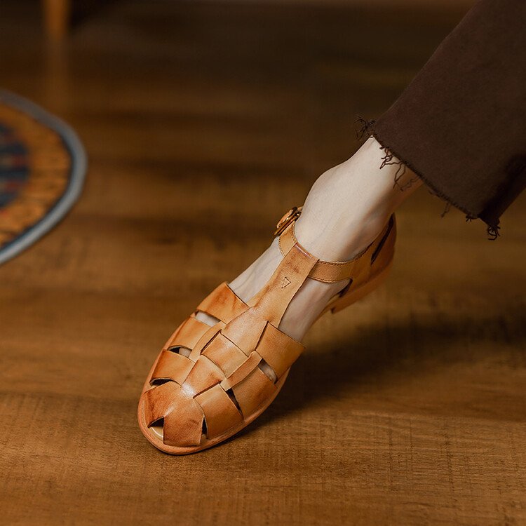 Summer Low Heel Pig Cage Shoes Chunky Heel Retro Roman Sandals For Women