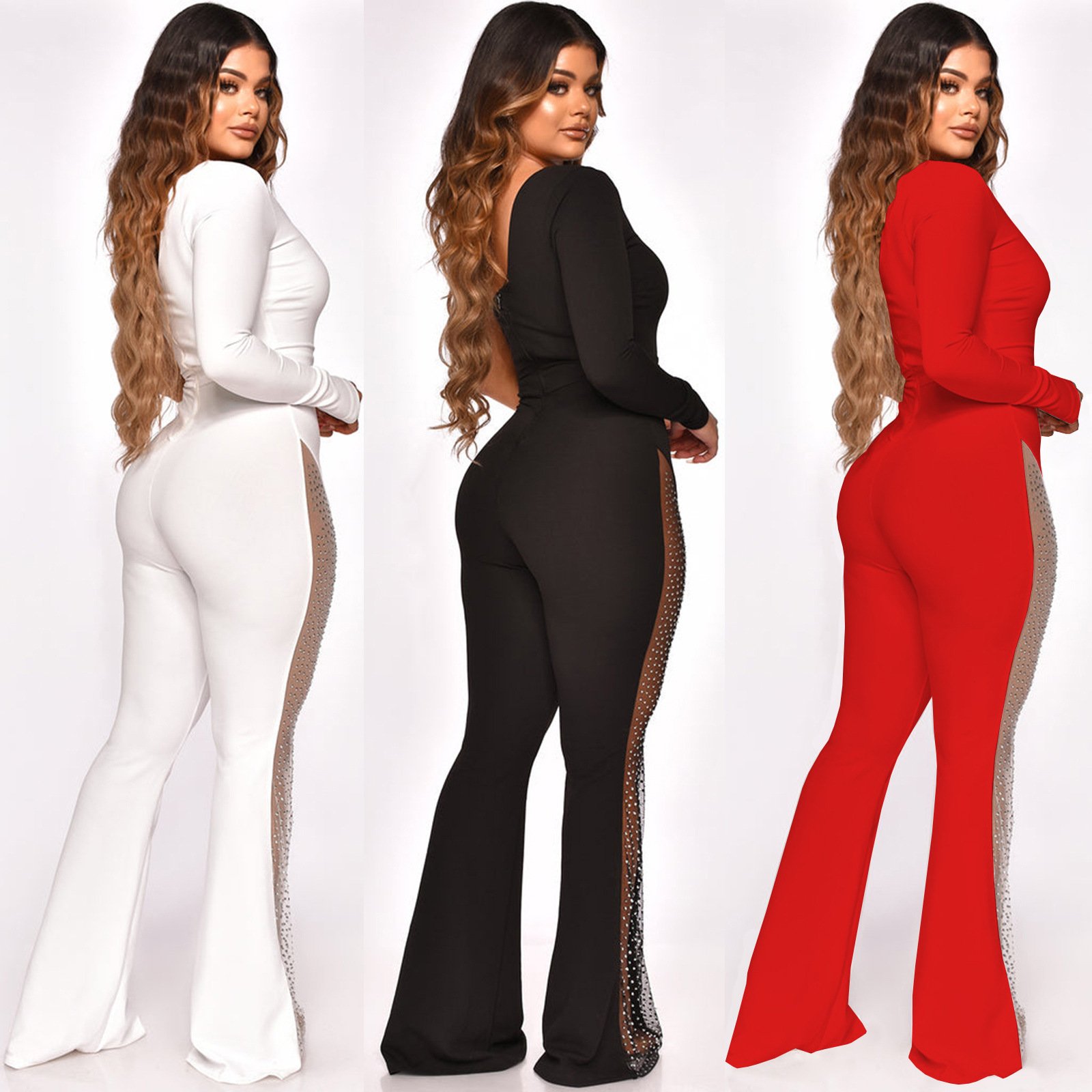 Fashion Mesh Patchwork Hot Drilling Micro-pull Jumpsuit - Image 5
