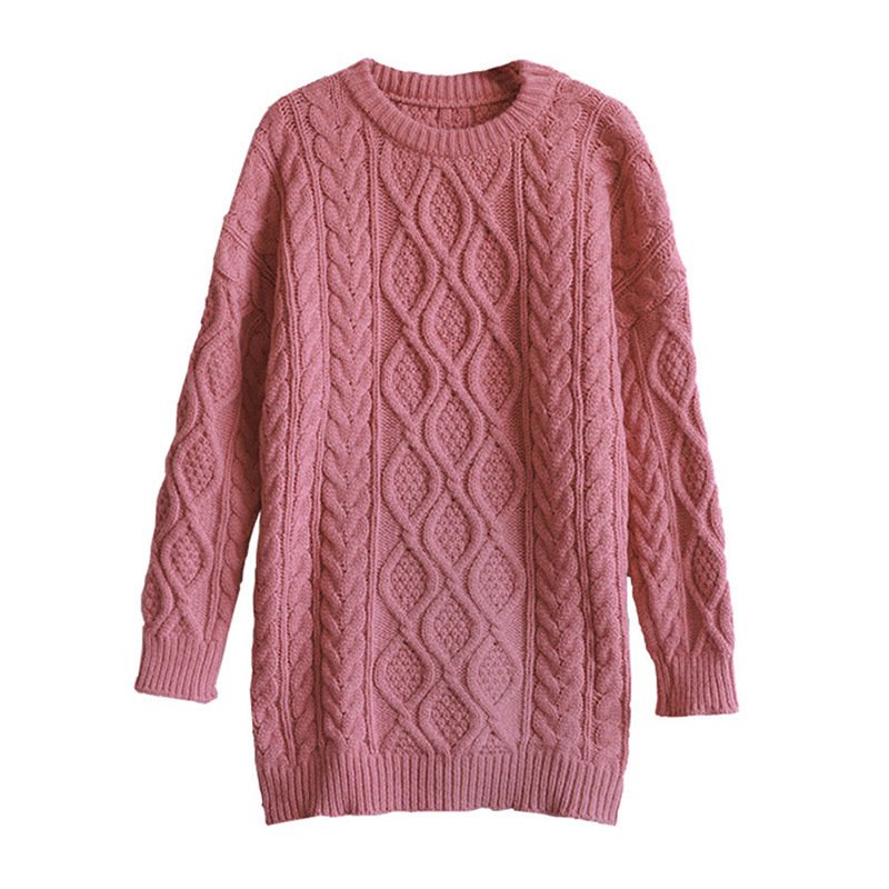 Girls' Mid-length Thickened Sweater Korean Style Lazy Style Loose Pullover Solid Color Crew Neck Coat - Image 2