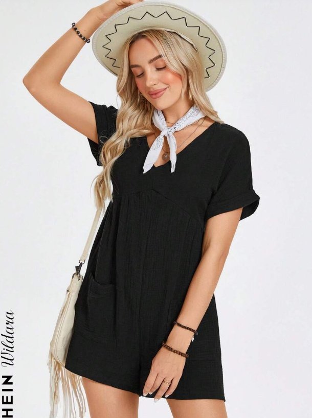 Batwing Sleeve Pocket Patched Romper - Image 4