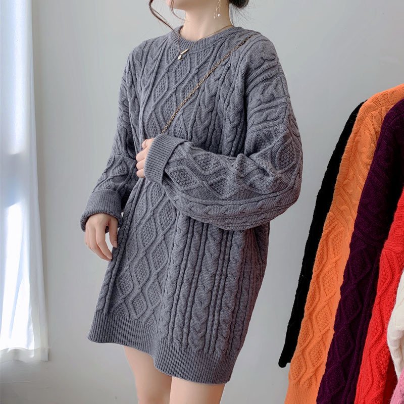Girls' Mid-length Thickened Sweater Korean Style Lazy Style Loose Pullover Solid Color Crew Neck Coat - Image 9