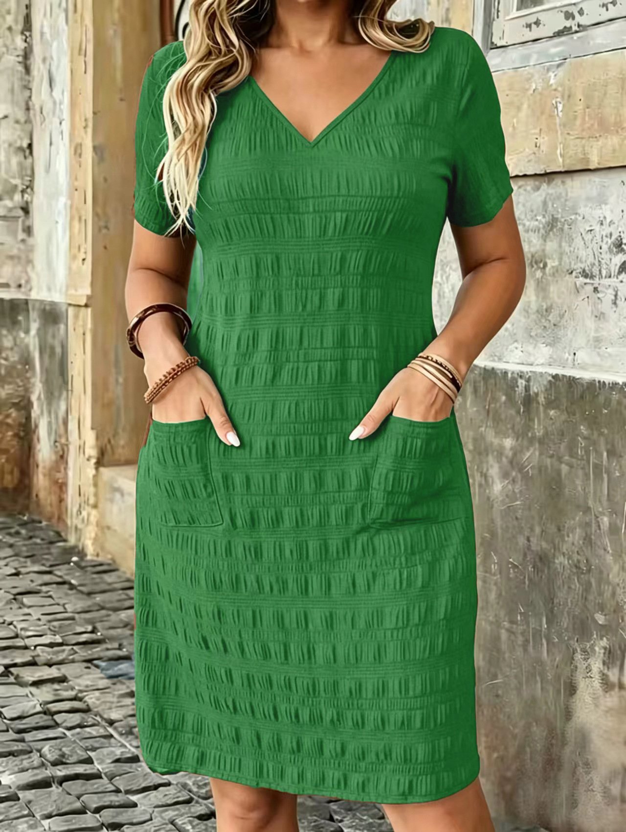 Plus-size Womens Solid-color V-neck Short-sleeve Dress - Image 6