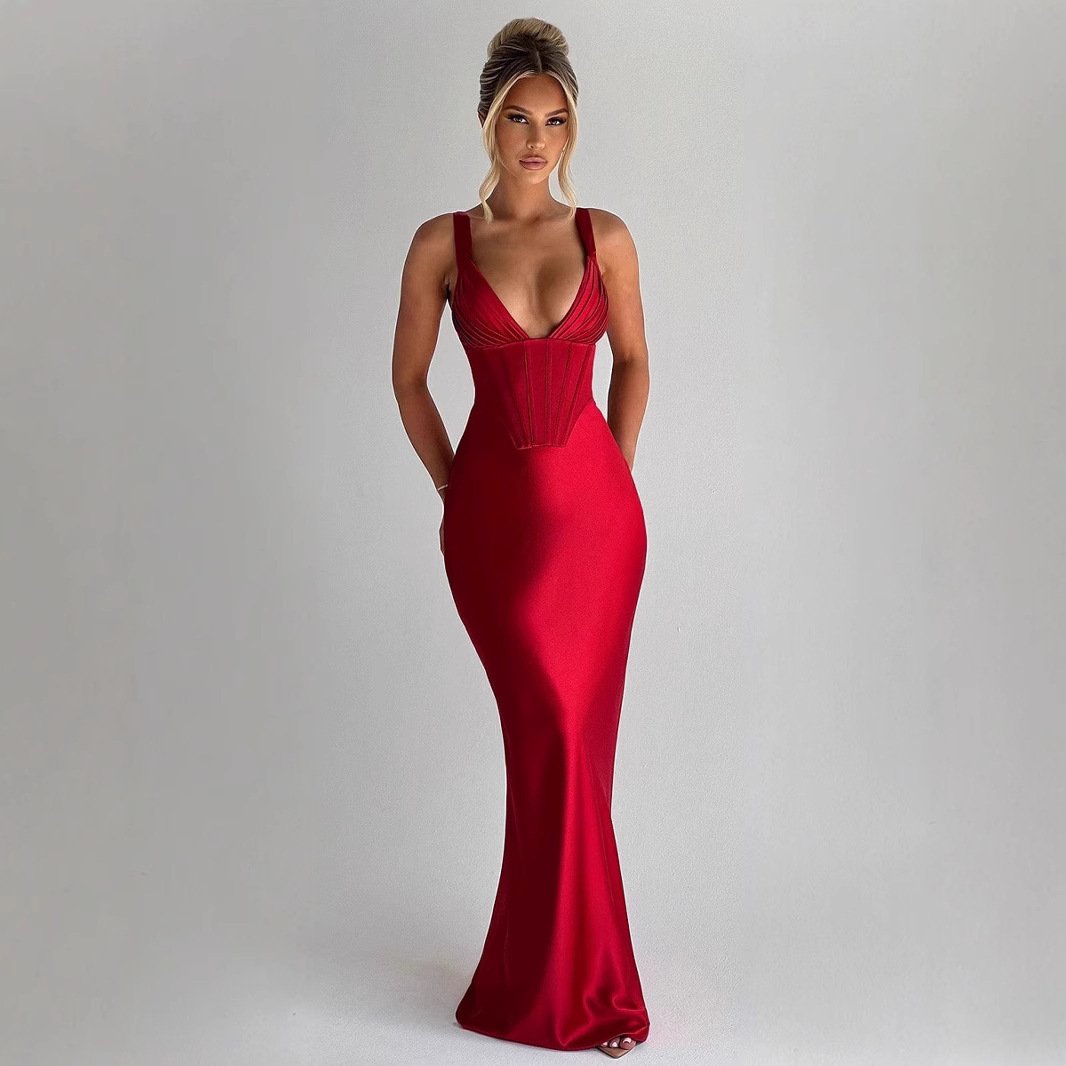 V-neck Fishbone Temperament Camisole Dress Evening Dress - Image 3