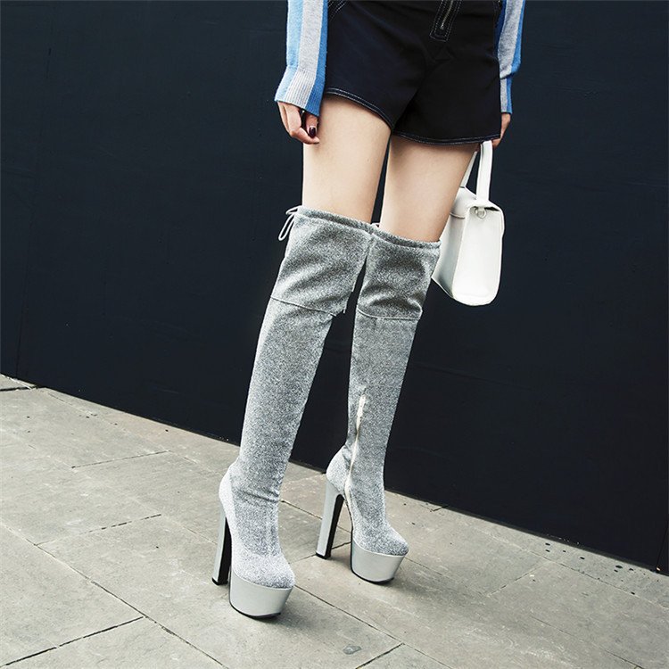 Womens Thigh Bling Sequined Cloth Platforms High Heels Long Boots - Image 2
