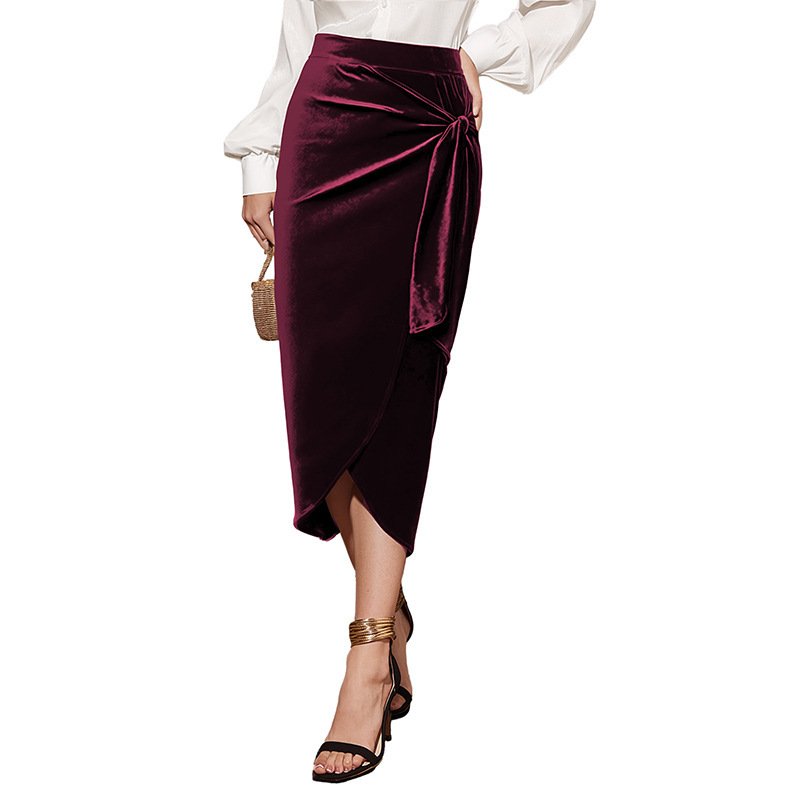 New Solid Color Twisted Skirt Temperament Commute Autumn And Winter Split Velvet Dress - Image 2