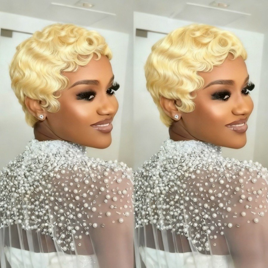 Blonde Curly Pixie Cut With Wave Human Hair - Image 2