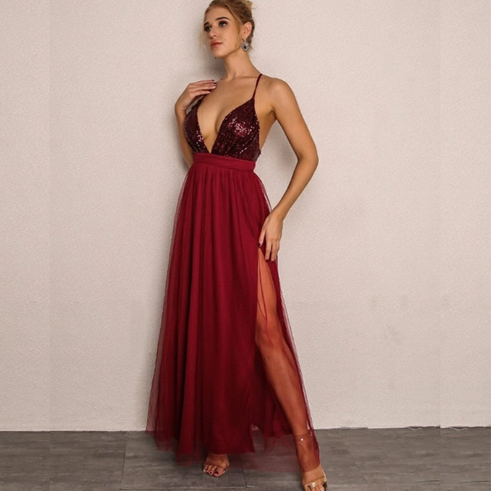Joyfunear Cross Back Plunge Sequin Top Tulle Dress - Image 4