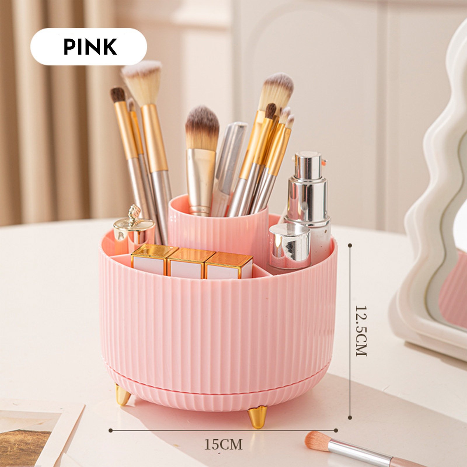 360 Rotating Makeup Brush Holder & Organizer Countertop Storage For Cosmetics & Skincare 8 Colors - Image 4