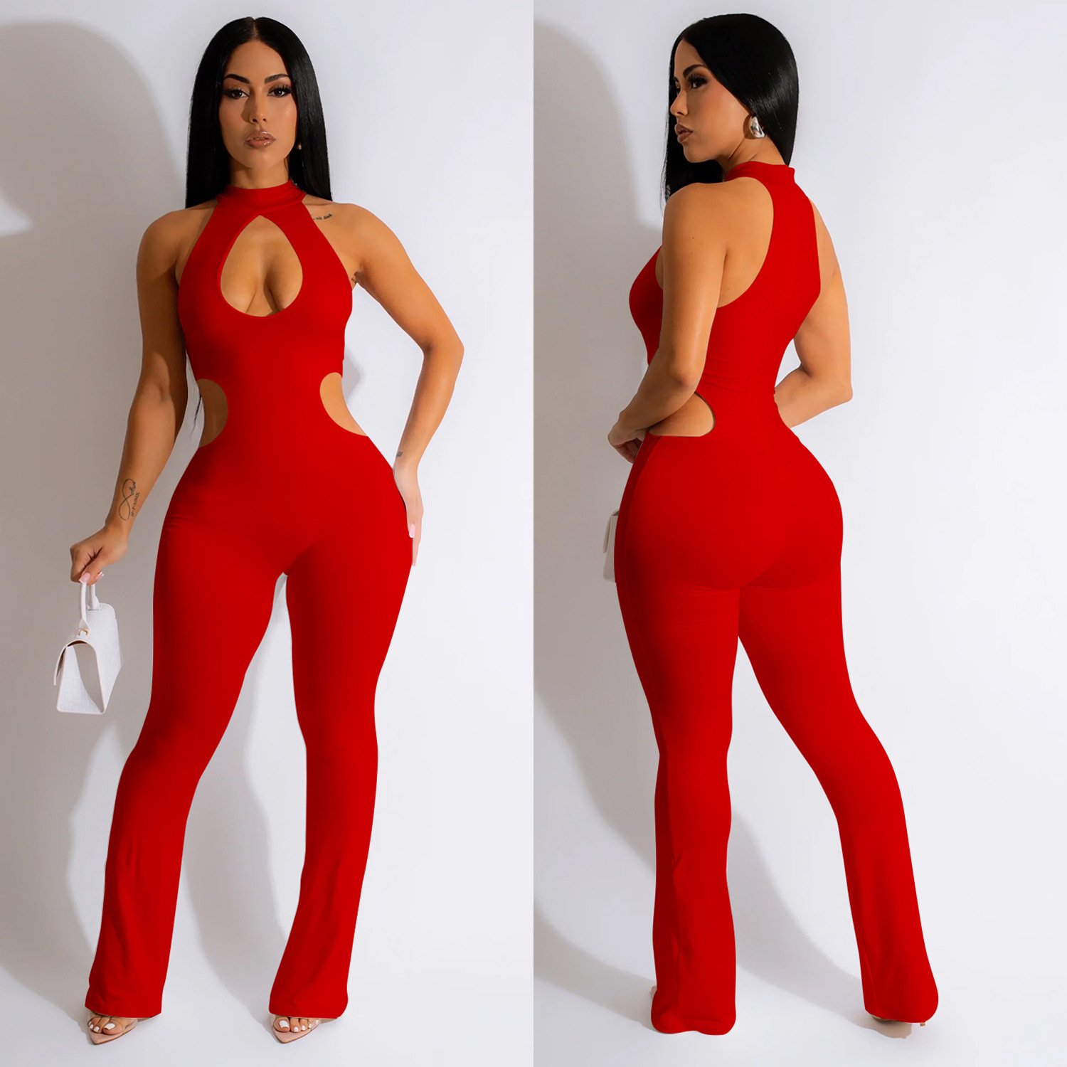 Women's Solid Color Sexy Halter Hollow-out Jumpsuit - Image 8