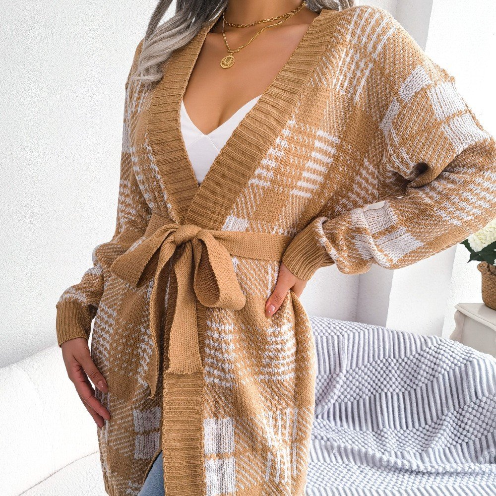 Plaid Straps Lantern Sleeves Casual Cardigan Sweater Jacket - Image 2
