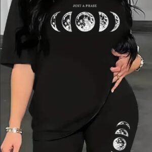 2pcs Short Sleeve Phase Print Two-piece Set, Biker Shorts & T-Shirt Outfits For Spring & Summer Women's Clothing