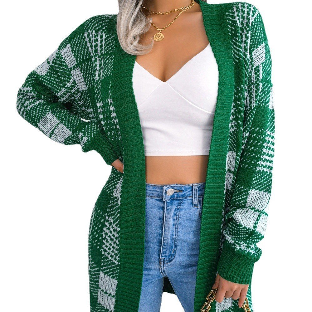 Plaid Straps Lantern Sleeves Casual Cardigan Sweater Jacket - Image 3