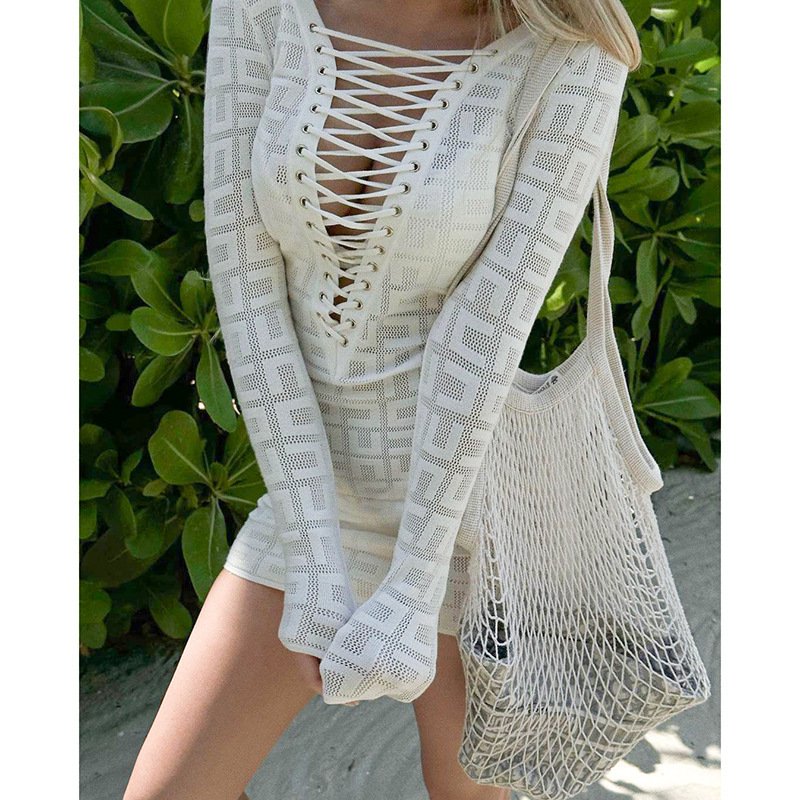 Sexy Hot Girl Long Sleeve Deep V Sexy Mesh Tied Dress - Image 4