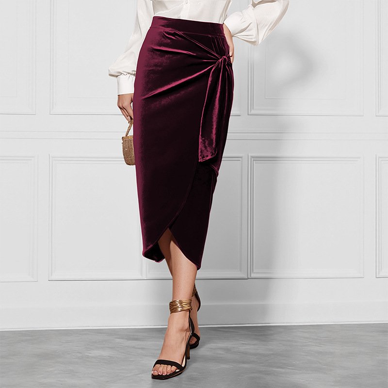 New Solid Color Twisted Skirt Temperament Commute Autumn And Winter Split Velvet Dress - Image 4